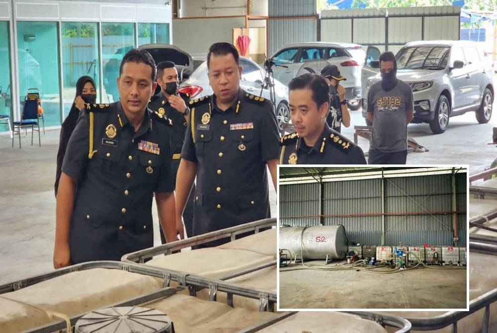 Mohd Zuhairi (kanan) melihat beberapa peralatan (gambar kecil) dipercayai digunakan untuk aktiviti penyelewengan diesel di sebuah premis di Puchong pada Rabu.