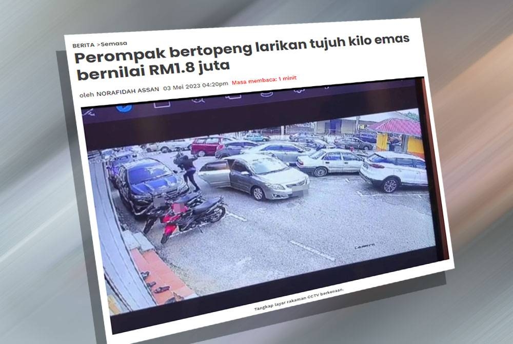 Tujuh kilogram emas bernilai kira-kira RM1.8 juta dipercayai dilarikan dua lelaki bertopeng dalam kejadian samun di lorong belakang Kedai Emas Nur Jannah di sini pada Rabu.