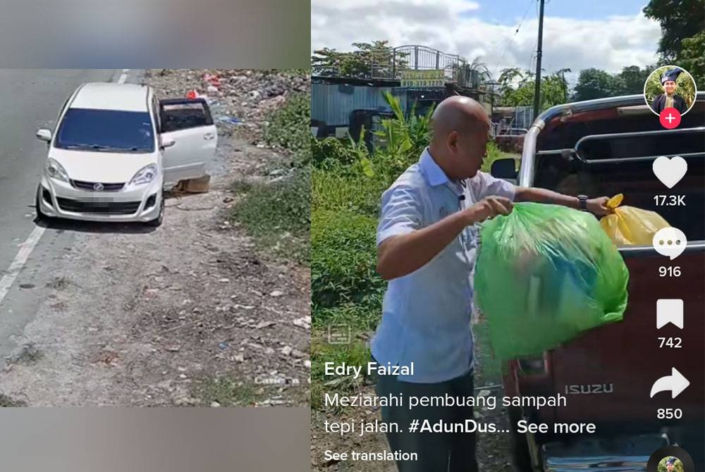 Tangkap layar perbuatan individu membuang sampah di tepi jalan dikongsi Edry Faizal di laman Twitternya (kiri). Dalam kejadian berasingan, Edry Faizal ke rumah lelaki terbabit bersama sampah yang dibuang sebelum itu (kanan).