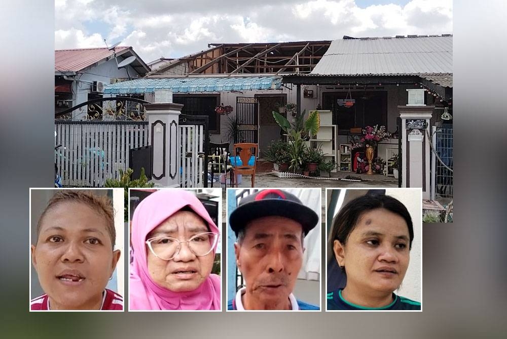 Keadaan bumbung salah sebuah rumah yang diterbangkan angin dalam kejadian ribut di Jalan Setia, Kampung Melayu Majidee pada Rabu. Gambar kecil dari kiri: Fatimah, Hamidah, Ahmad, Lizawati