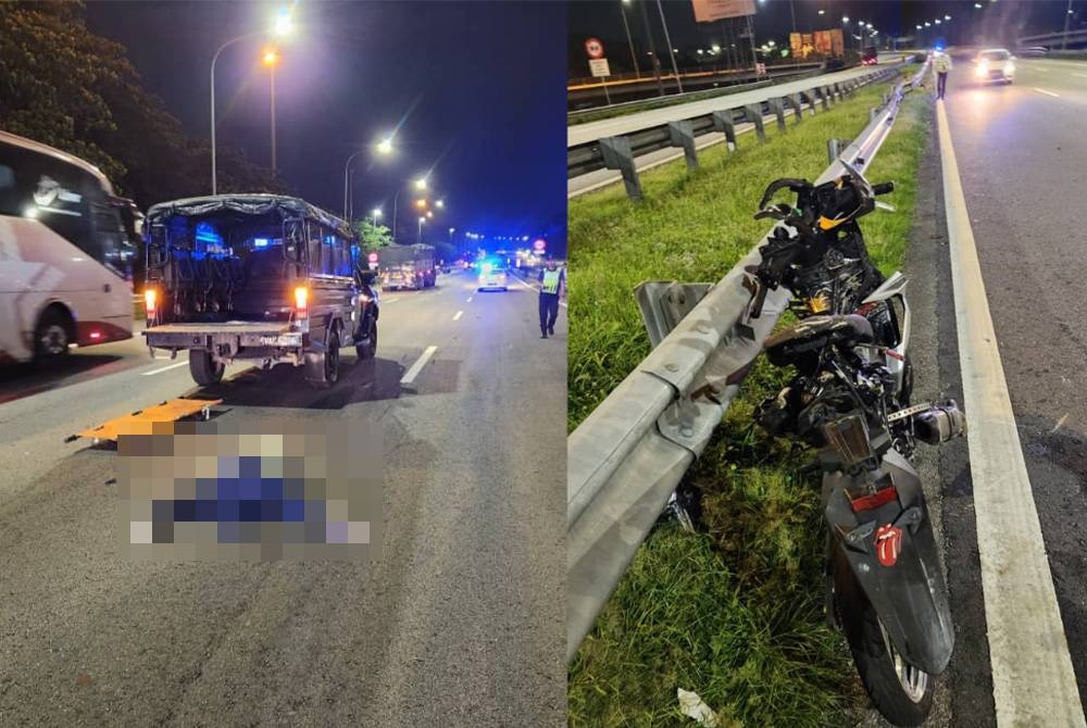 Mangsa meninggal dunia di tempat kejadian akibat cedera parah. Gambar kanan: Antara motosikal yang terbabit dalam kemalangan di Kilometer 259.9 Lebuhraya Utara-Selatan arah utara pada Jumaat.