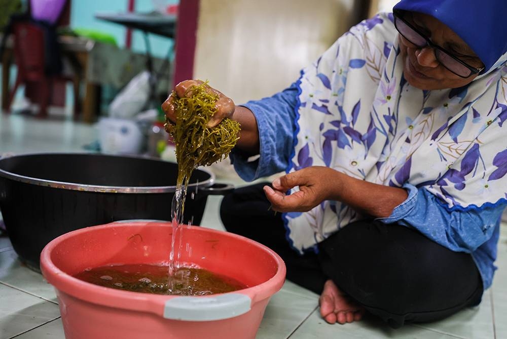 Zainab memerah daun asam gelugur yang dihiris halus selepas merendamnya ketika melakukan proses penghasilan gulai kering daun asam gelugur di rumahnya. - Foto: Bernama