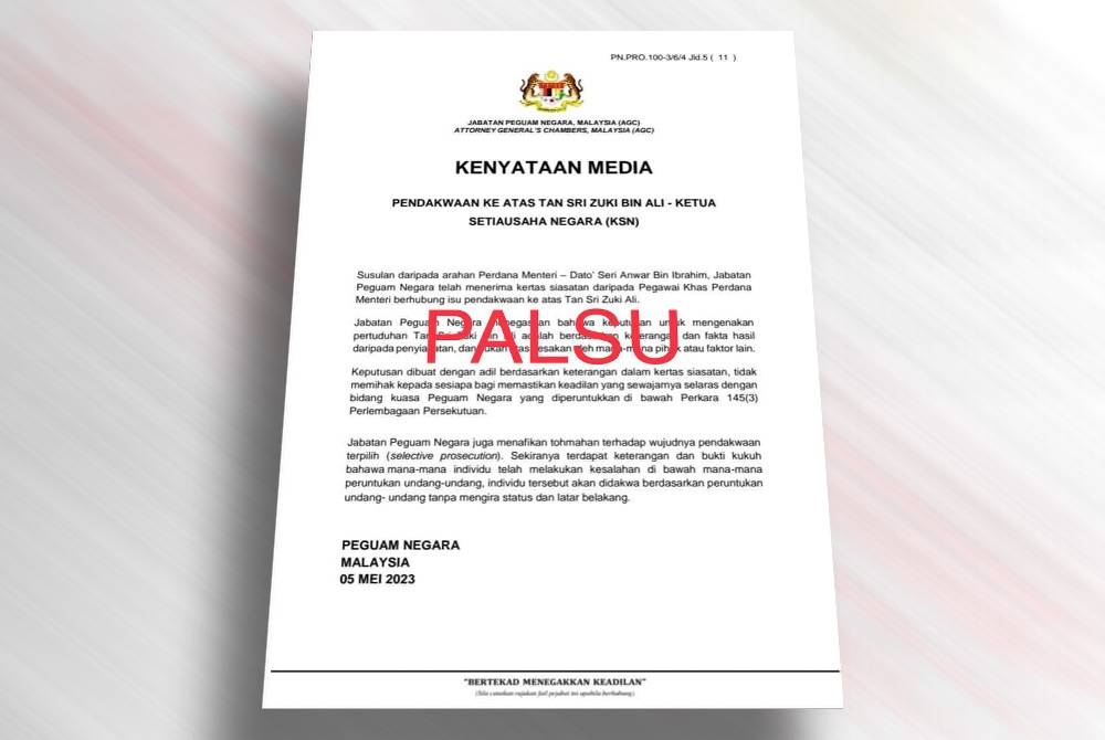 Kenyataan media palsu menggunakan jata negara dan nama AGC.