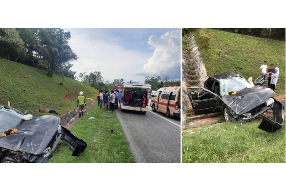 Seorang wanita maut selepas terbabit dalam nahas di Tapah pada Ahad. (Kanan: Kereta dinaiki lima sekeluarga rosak selepas terbabit dalam nahas yang mengakibatkan seorang wanita maut di Tapah.) - Foto ihsan pembaca