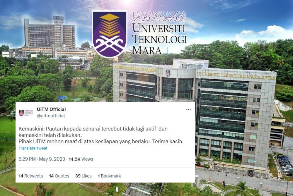 Menerusi akaun Twitter rasminya @uitmofficial, universiti itu memaklumkan bahawa pautan kepada senarai tersebut tidak lagi aktif dan kemas kini telah dilakukan.