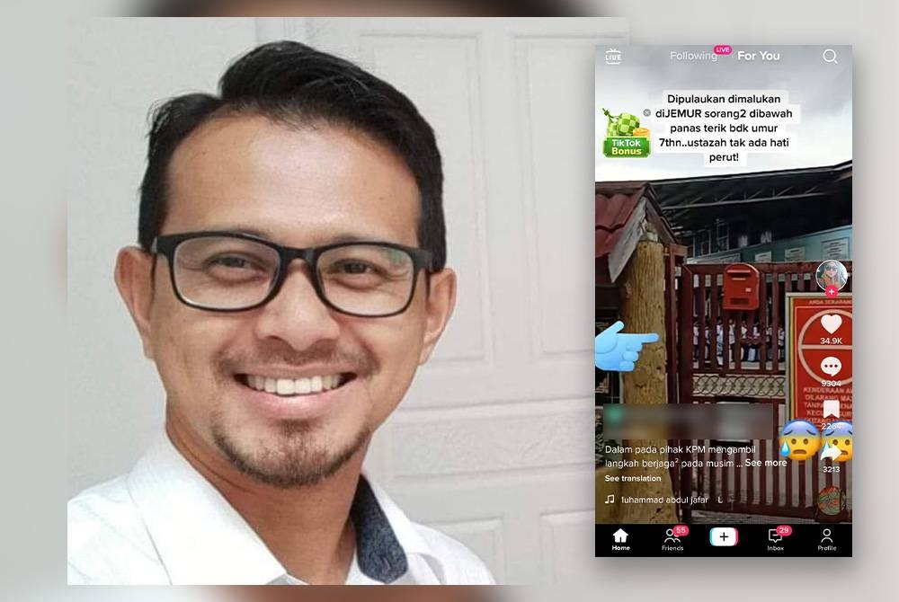 Mohd Fared dan tangkap layar aplikasi TikTok berhubung dakwaan seorang ibu mengenai anaknya yang berusia 7 tahun dijemur di sebuah sekolah agama di Pasir Gudang.