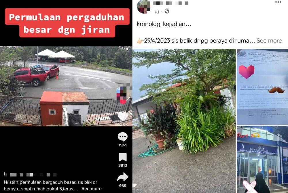 Tangkap layar rakaman video kejadian yang pernah dikongsi wanita terbabit di aplikasi Tiktok. Gambar kanan: Kronologi kejadian yang turut dikongsi wanita berkenaan di laman sosial Facebook