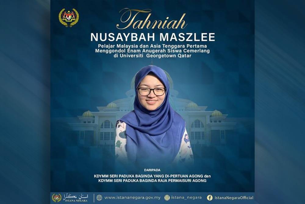 Yang di-Pertuan Agong Al-Sultan Abdullah Ri&#039;ayatuddin Al-Mustafa Billah Shah dan Raja Permaisuri Agong Tunku Azizah Aminah Maimunah Iskandariah menzahirkan ucapan tahniah kepada Nusaybah atas kejayaan itu. - Facebok Istana Negara