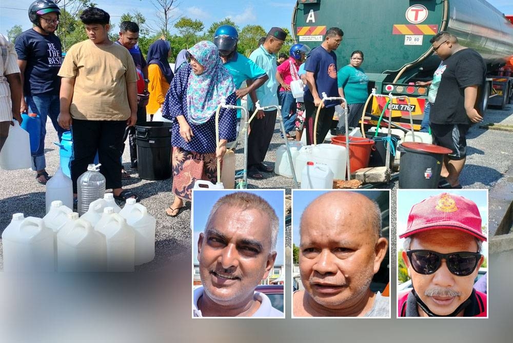 Penduduk terjejas mendapatkan bekalan air di tapak bazar Ambangan Heights sejak gangguan berlaku pada Ahad. Gambar kecil dari kiri: Zackariah, Mohd Azman, Sulaiman