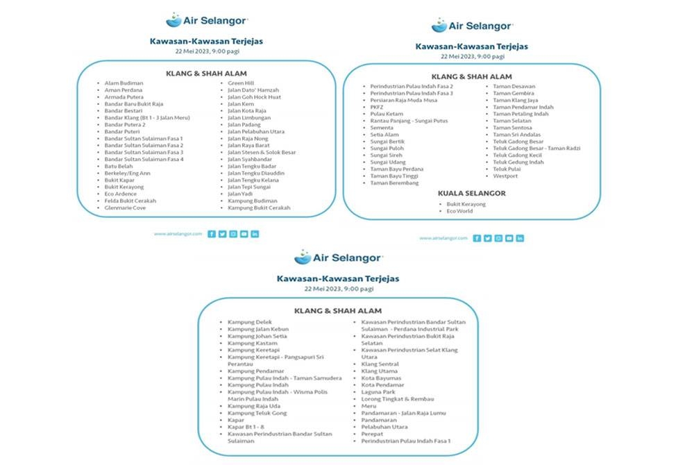 Antara 99 kawasan dalam wilayah Klang, Shah Alam dan Kuala Selangor akan mengalami gangguan bekalan air tidak berjadual bermula Isnin ini.