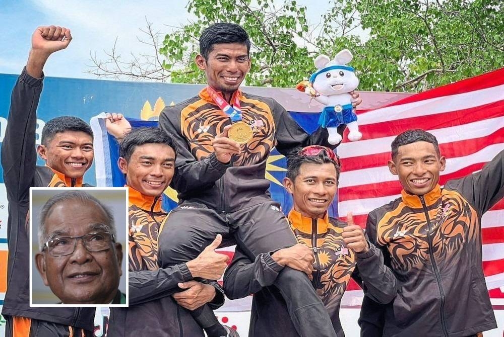 Nur Amirul menyumbang pingat emas dalam acara berbasikal lebuh raya individu lelaki di Sukan SEA Kemboja 2023. - Foto Agensi. Gambar kecil: Abu Samah