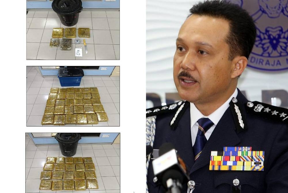 Polis merampas ketulan mampat ganja selepas menahan tiga suspek yang disyaki aktif mengedar dadah sejak tahun lalu. - Foto ihsan PDRM (Gambar kanan: Mohd Yusri)