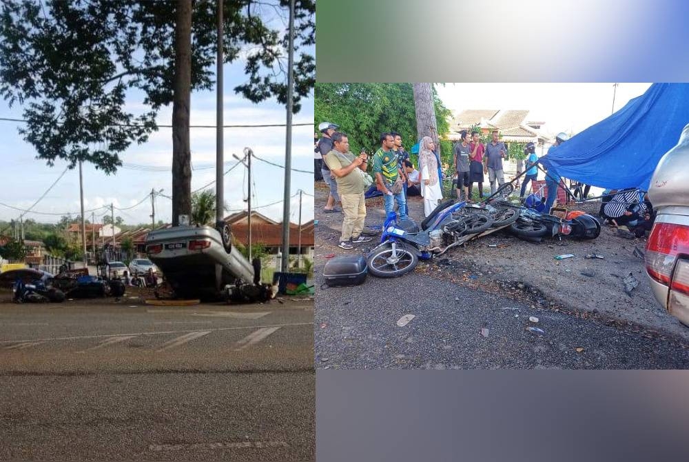 Keadaan kereta yang terbabas dan merempuh gerai nasi lemak di Jalan Hospital, Taman Suria, Jitra, Kubang Pasu di sini pada Jumaat. Enam motosikal antara yang terlibat dalam kemalangan.