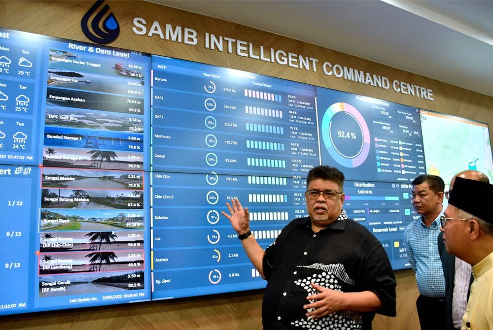 Ab Rauf (dua, kanan) melihat papan kenyataan data terkini paras air di empangan di negeri itu selepas merasmikan Unit SAMB Intelligent Command Centre (SICC) pada Jumaat. - Foto Bernama