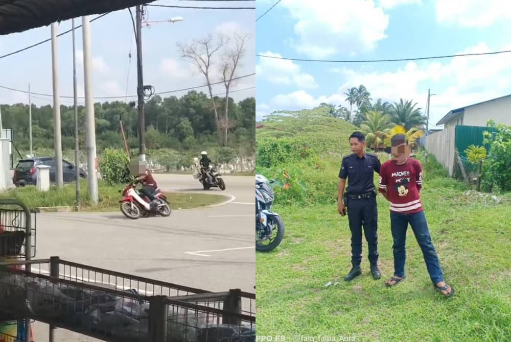 Gambar kiri: Tangkap layar video tular seorang penunggang motorsikal cuba lari daripada anggota URB di Jalan Permai-Taman Sedeli, pada Jumaat. (Gambar kanan: Penunggang motorsikal yang cuba lari selepas diarahkan berhenti bagi tujuan pemeriksaan oleh anggota URB di Jalan Permai-Taman Sedeli pada Jumaat berjaya ditahan.)