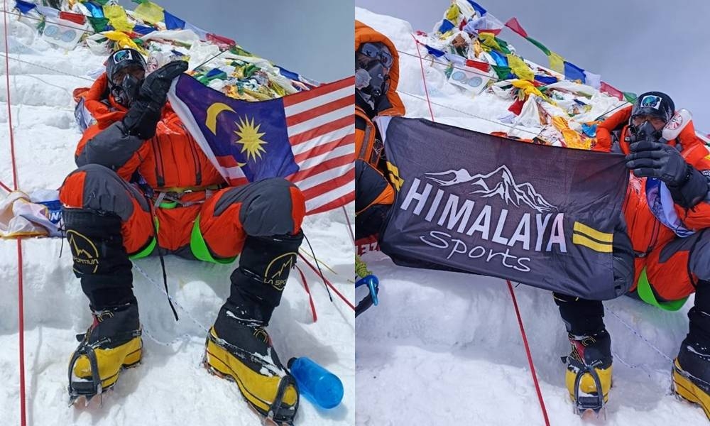 Pendaki solo negara, Ravichandran mengibarkan Jalur Gemilang dan bendera penaja Himalaya Sports di puncak Gunung Everest pada 17 Mei lalu.