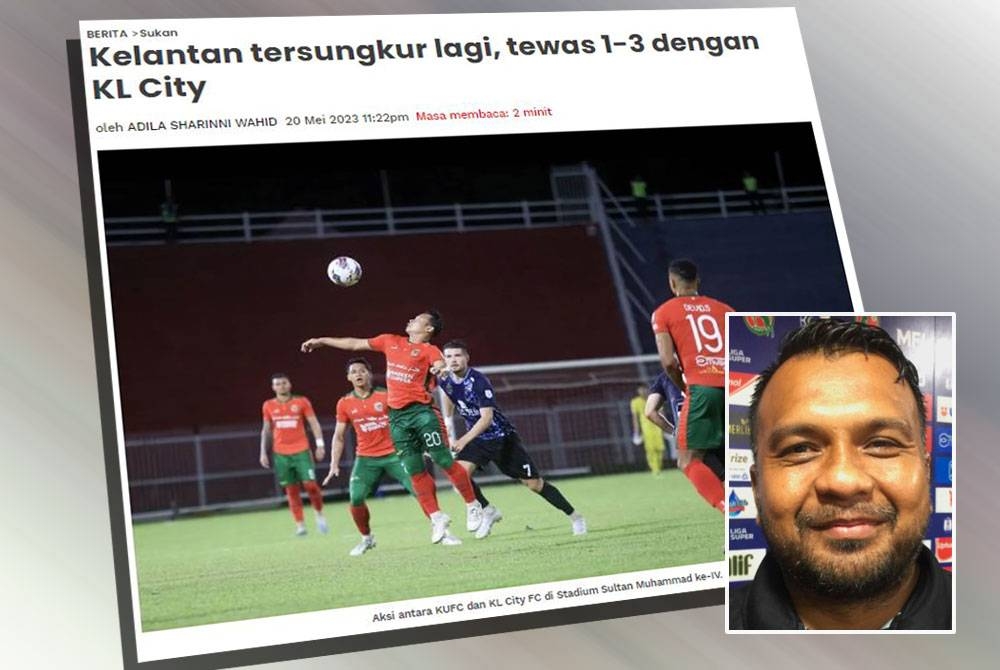 Kekalahan 1-3 kepada Kuala Lumpur City FC menyaksikan Kelantan United terus kekal di kedudukan tercorot liga dengan sembilan kekalahan dan dua seri. Gambar kecil: Nazrulerwan