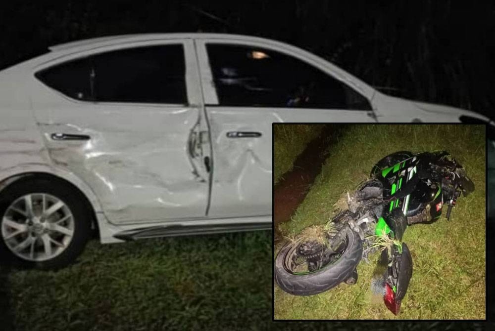 Keadaan motosikal mangsa (gambar kecil) selepas terlibat dalam kemalangan dengan sebuah kereta pada Ahad. - Foto: PDRM
