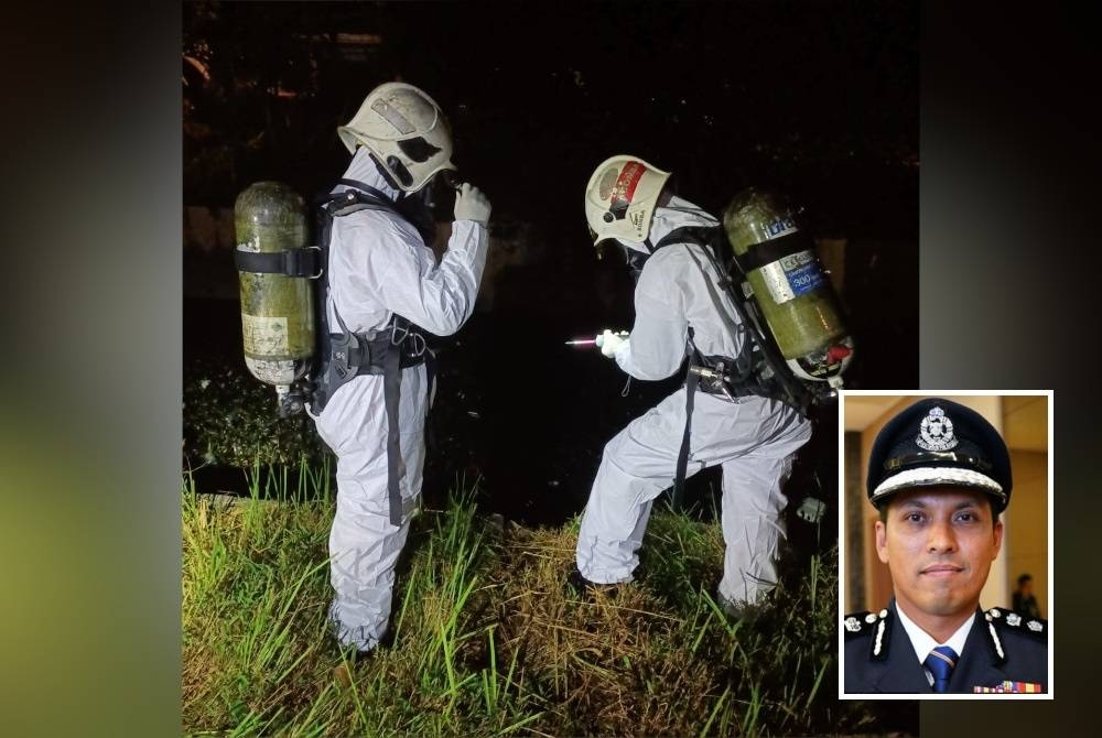 Anggota Bomba dan Penyelamat sedang memeriksa pencemaran bau di Jalan Sungai Rasau 32/24, Seksyen 32 pada Ahad. (Gambar kecil: Mohd Iqbal)