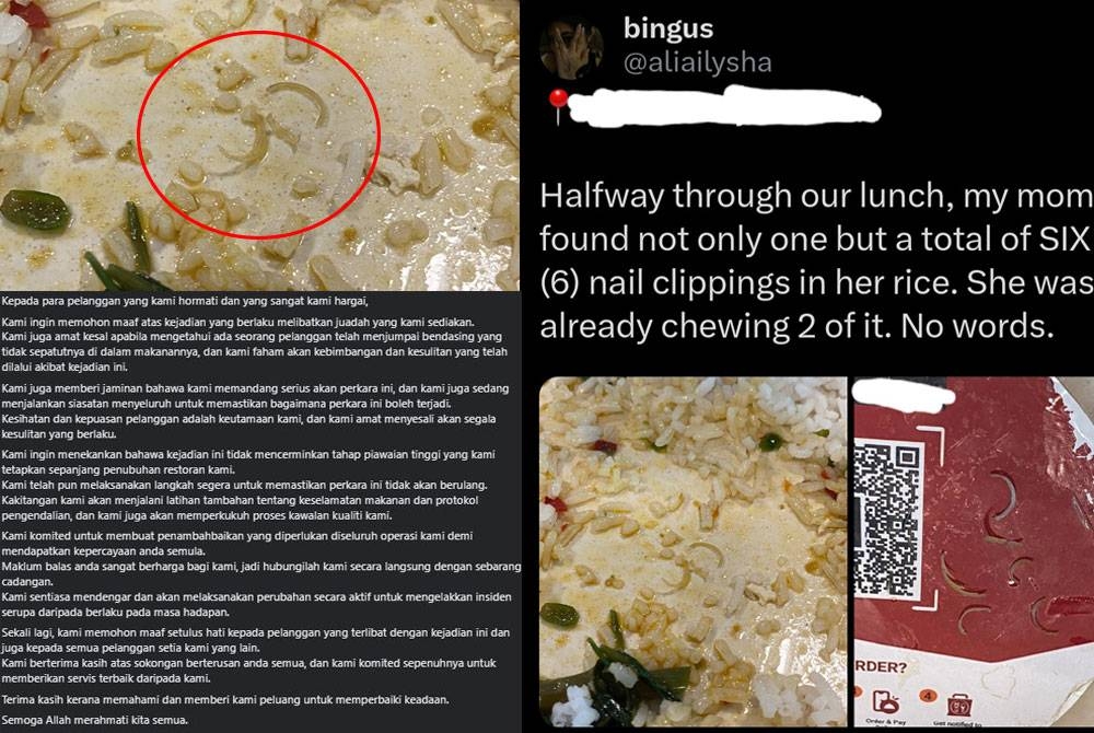 Pengguna Twitter tu turut berkongsi dua gambar yang jelas menunjukkan beberapa potong kuku di pinggan makanan berkenaan.