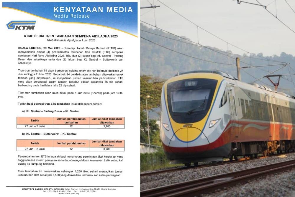 KTMB akan menyediakan empat perkhidmatan tambahan ETS sambutan Aidiladha kali ini. Gambar kiri: Kenyataan media yang dikeluarkan KTMB pada Isnin.