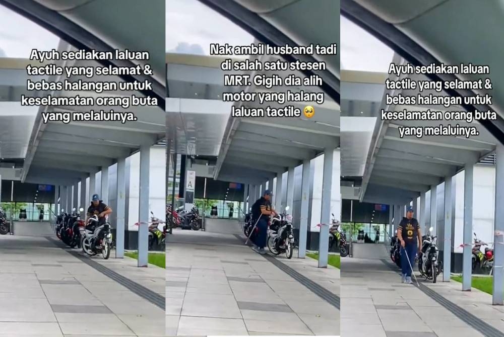 Lelaki OKU buta mengalihkan motosikal yang menghalang laluan tactile.