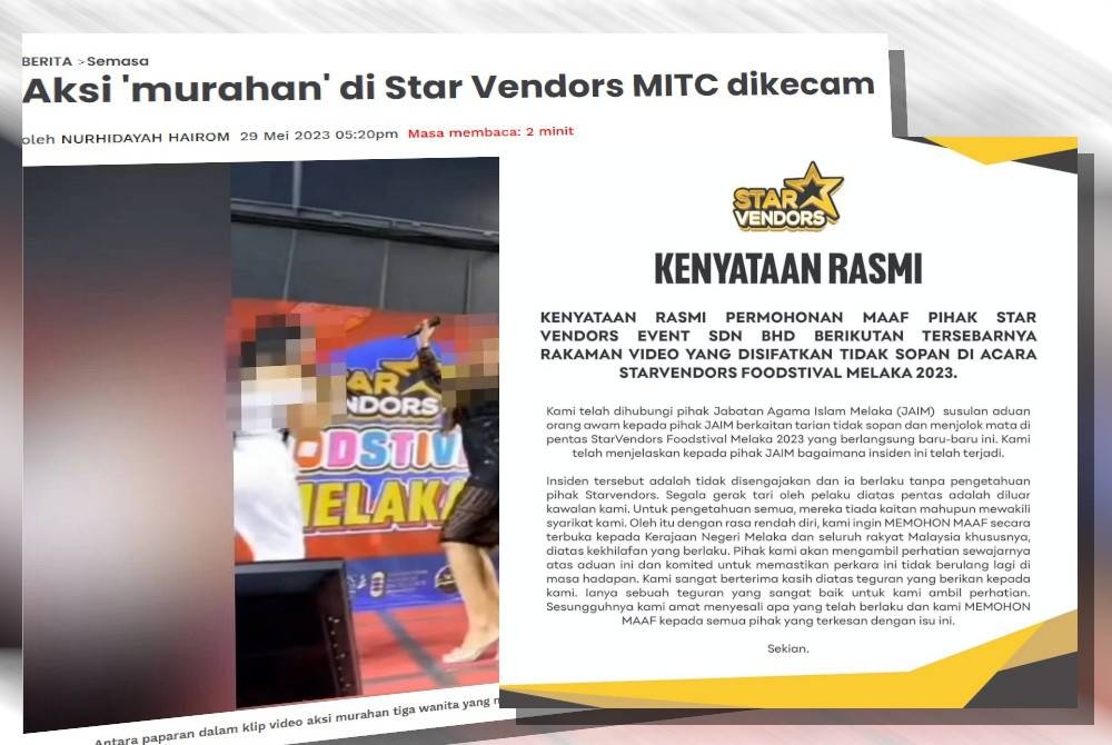 Laporan Sinar Harian pada Isnin. Kenyataan rasmi penganjur Starvendors Foodstival Melaka 2023.