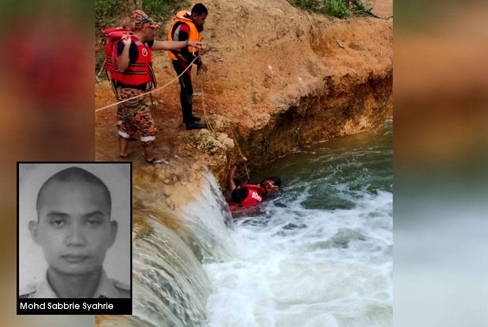 Mayat Mohd Sabbrie Syahrie (gambar kecil) ditemukan lemas di Sungai Leleh, Bukit Ibam, Muadzam Shah pada petang Selasa. - Foto ihsan JBPM Pahang