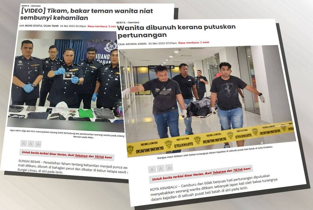 Laporan Sinar Harian berhubung kes pembunuhan yang berlaku di negara ini baru-baru ini.