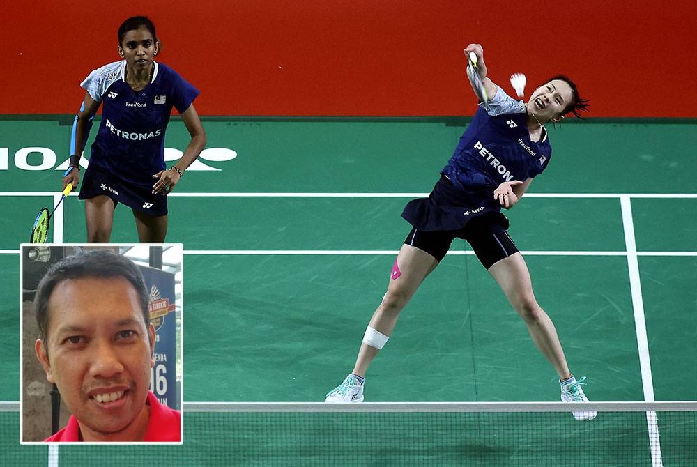 Aksi Pearly dan Thinaah ketika menentang pemain Korea Selatan, Baek Ha Na dan Lee So Hee pada perlawanan akhir Malaysia Masters 2023 di Axiata Arena Bukit Jalil pada Ahad. Gambar kecil: Roslin