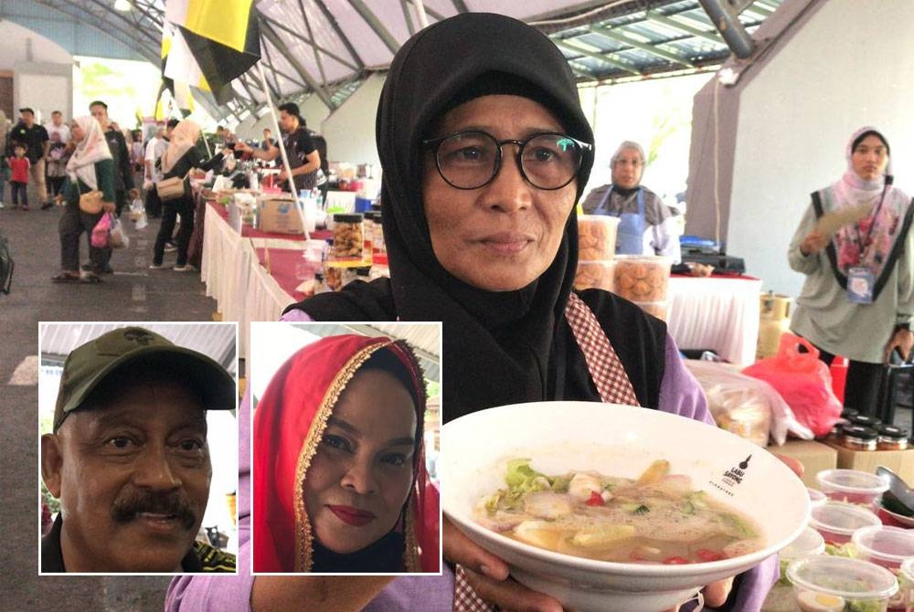 Umi Kalsum Bakri, 56, menunjukkan laksa Kuala Kangsar yang dijualnya pada Pesta Laksa Kuale di Arena Kuala Kangsar. Gambar kecil dari kiri: Md Nor, Masina