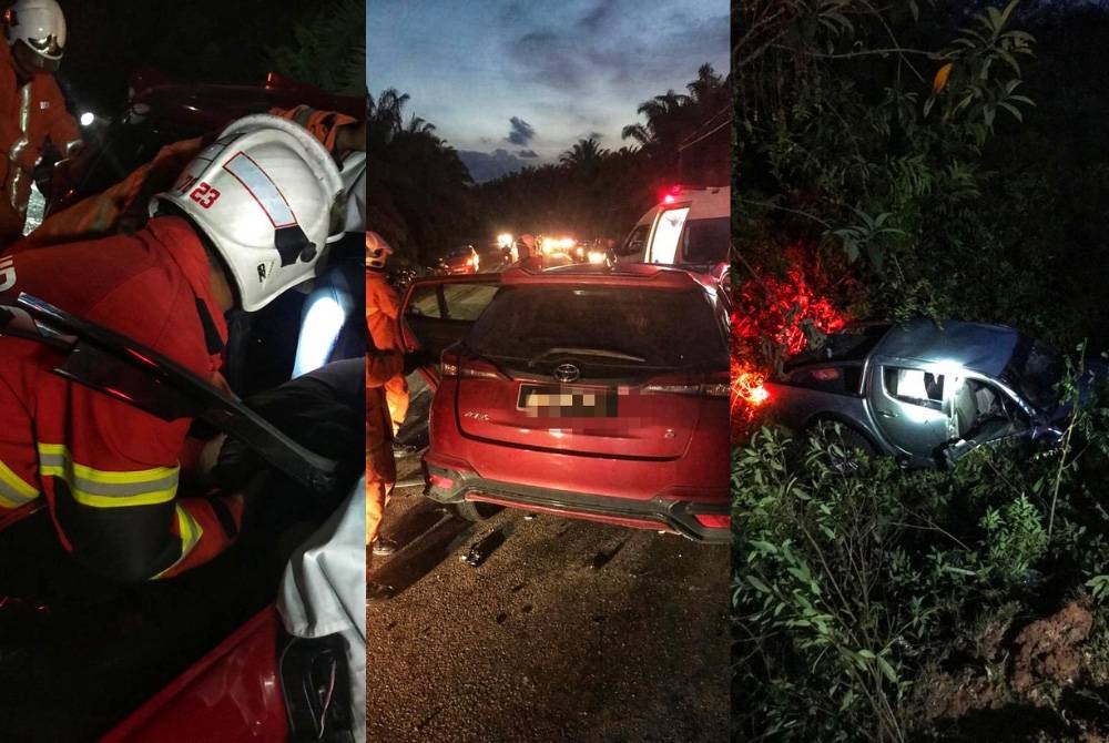 Anggota bomba mengeluarkan mangsa yang tersepit di dalam Toyota Yaris dalam kejadian kemalangan di Jalan Jengka 6 ke Jalan Jengka 3 pada Jumaat. - Foto: JBPM