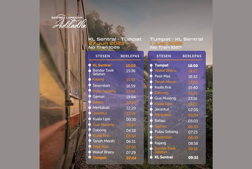 Jadual perkhidmatan Tren Khas Ekspres Lambaian Aidiladha (ELA) dari Stesen KL Sentral ke Stesen Tumpat.