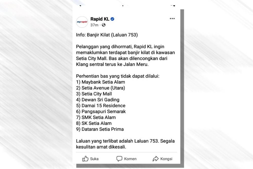 Kenyataan dikeluarkan Rapid KL pada Ahad.