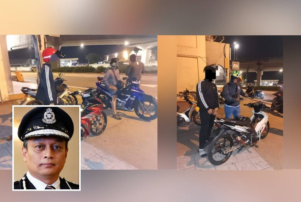 Antara motosikal yang disita dalam operasi di sekitar Ampang pada Sabtu kerana ubah suai ekzos dan tiada brek belakang. - Gambar kecil: Mohamad Farouk