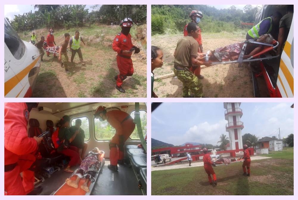 JBPM melakukan penerbangan Medevac bagi membantu seorang warga emas Orang Asli dari Kampung Tapai, Pos Hau, mendapatkan rawatan di Hospital Gua Musang, pada Sabtu. - Foto JBPM