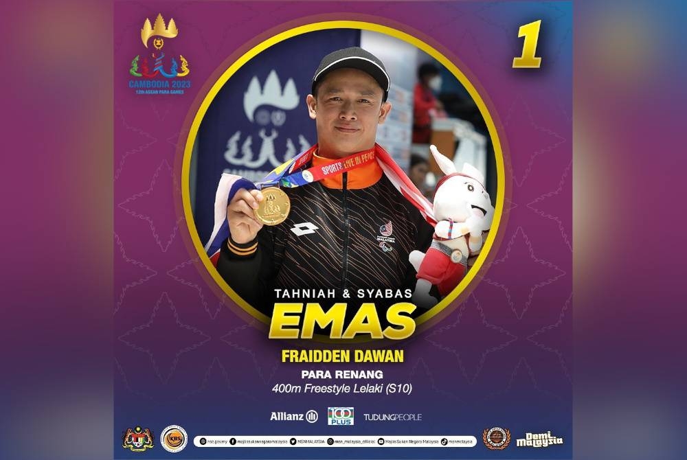 Fraidden Dawan cemerlang menyandang gelaran juara menerusi acara 400 meter (m) gaya bebas S10 (kecacatan anggota kaki) lelaki di Pusat Akuatik di Stadium Morodok Techo. - Foto Majlis Sukan Negara