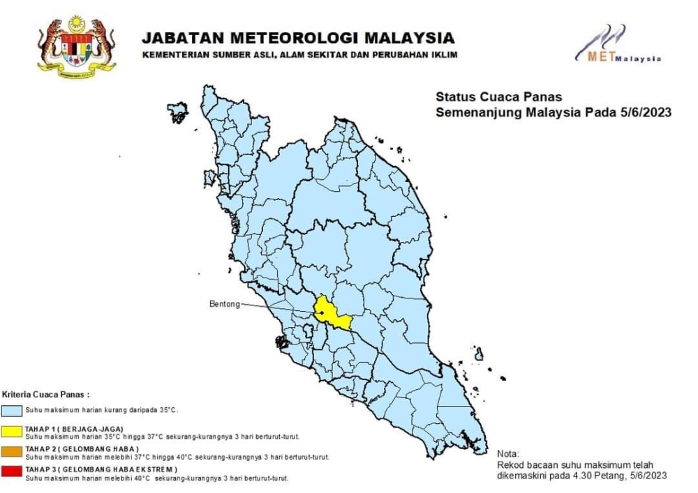 MetMalaysia mengeluarkan amaran cuaca panas tahap satu iaitu berjaga-jaga di Bentong, Pahang.