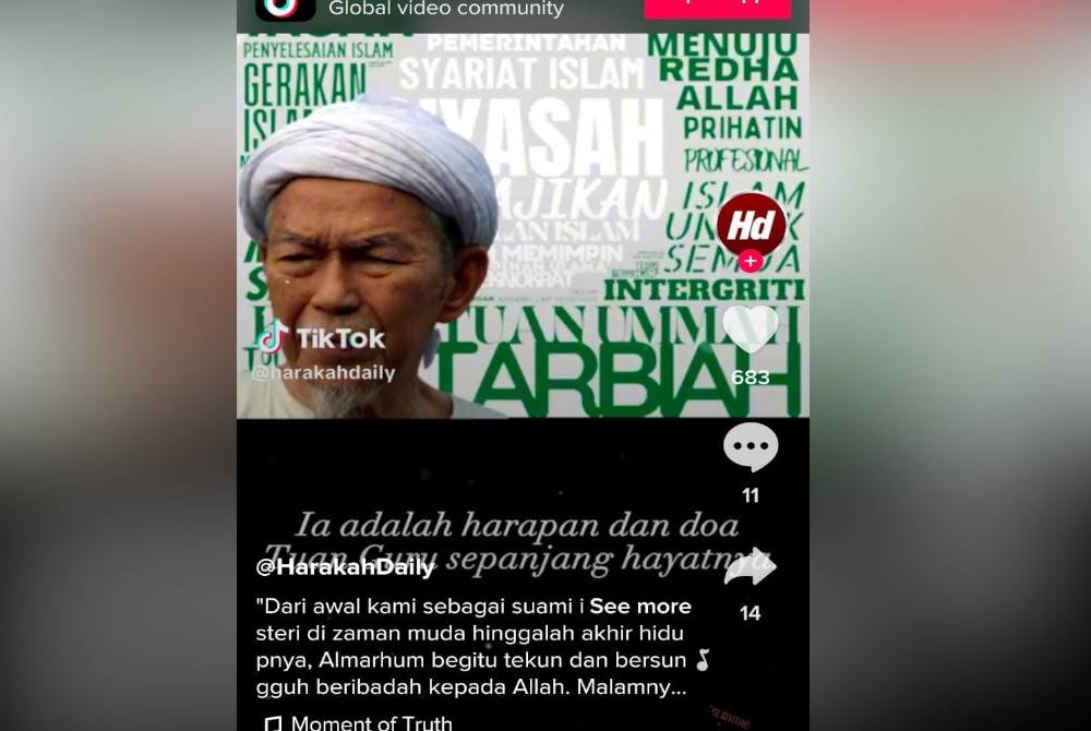 Tangkap layar video berdurasi empat minit di akaun TikTok Harakah Daily memaparkan coretan dan luahan hati Tuan Sabariah berhubung pengiktirafan jasa Allahyarham Datuk Nik Abdul Aziz Nik Mat.