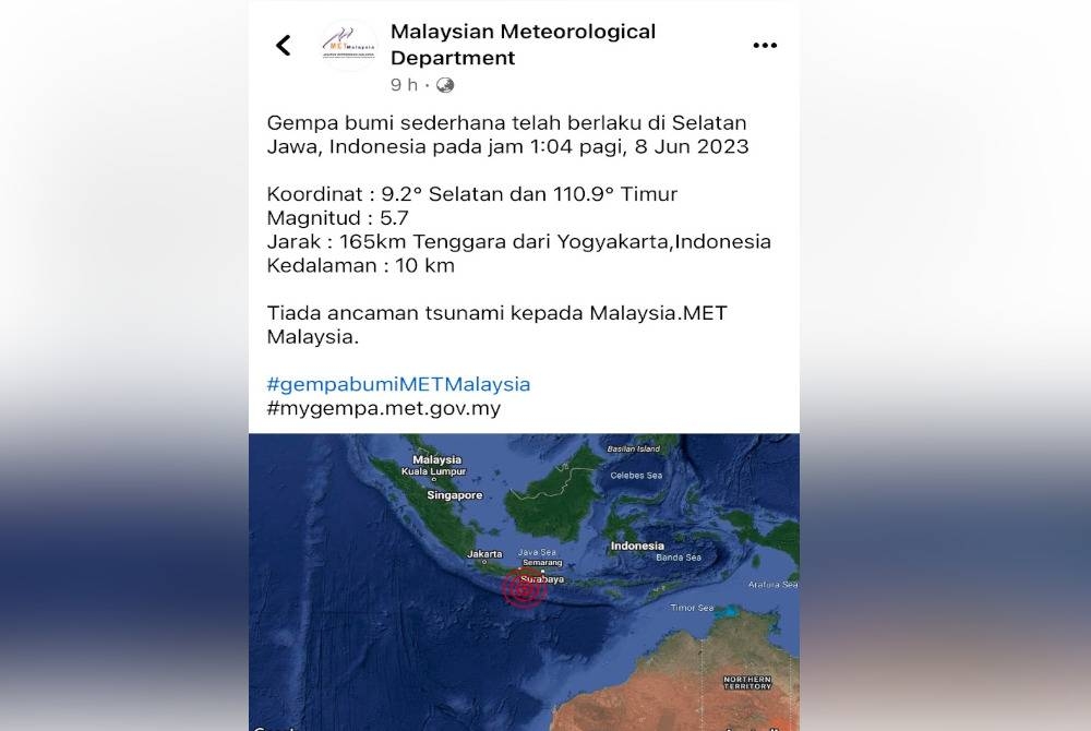 Gempa tersebut bermagnitud 5.7 dan jarak 165 kilometer (km) Tenggara dari Yogyakarta dengan kedalaman 10km.