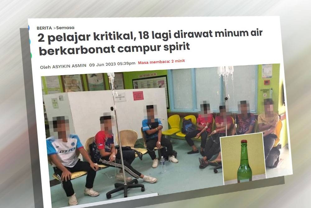 Sinar Harian melaporkan dua pelajar Tingkatan Lima kritikal manakala 18 lagi menerima rawatan di hospital selepas minum minuman berkarbonat yang dicampur dengan spirit.