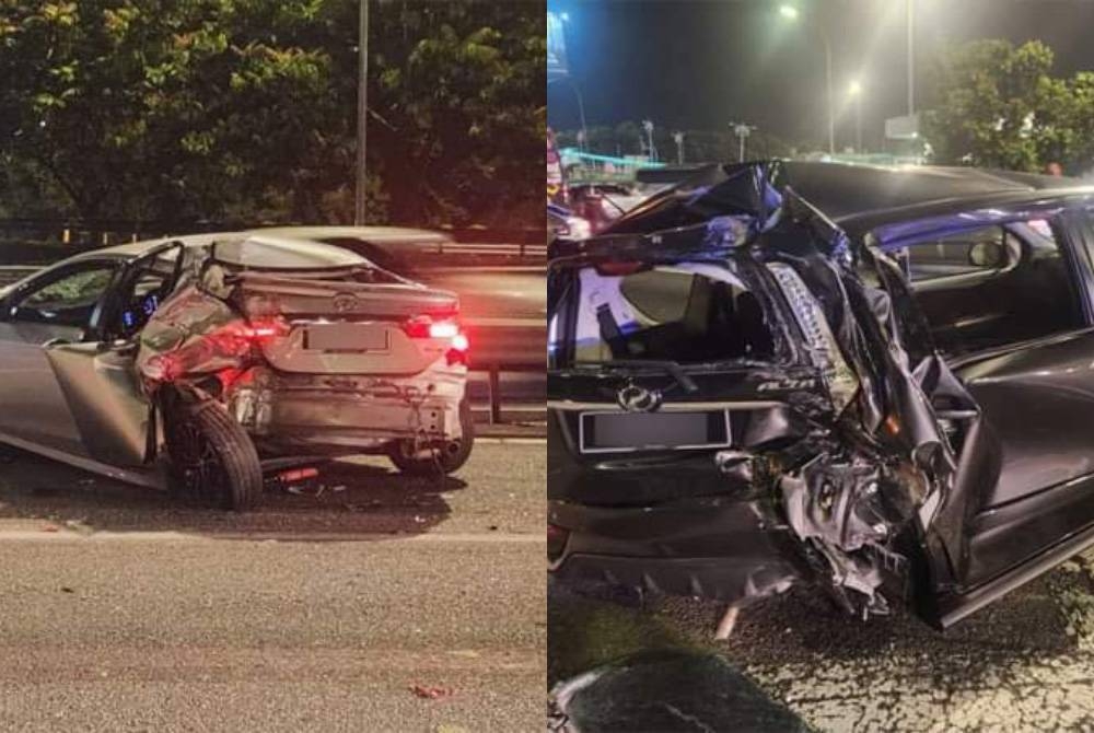 Keadaan kereta Perodua Alza dan Toyota Altis yang terlibat kemalangan di Kilometer 263.1 Lebuhraya Utara-Selatan (PLUS) arah utara pada Jumaat. - Foto ihsan pembaca