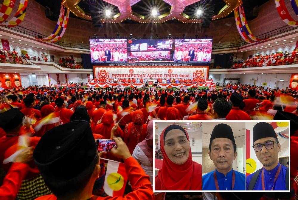 Suaasana para perwakilan yang menghadiri Perhimpunan Agung UMNO 2023 di Pusat Dagangan Dunia (WTC) Kuala Lumpur. - Foto Bernama (Gambar kecil: Suriany, Ilkham, Ahmad Nizam)