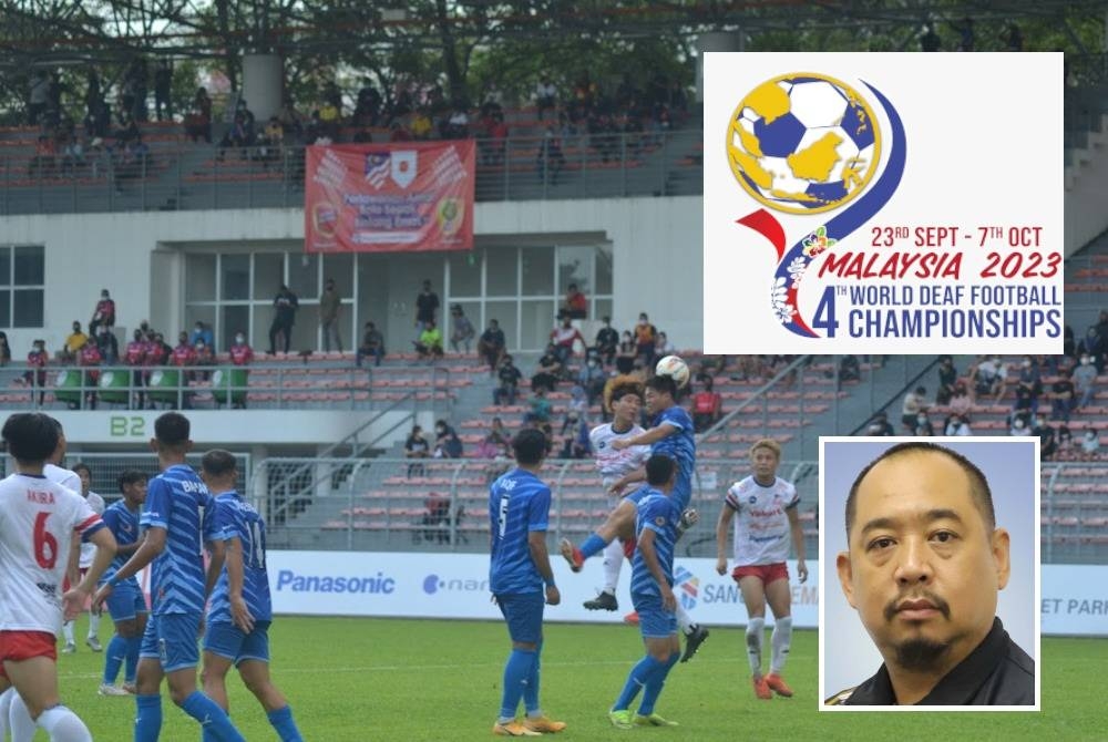 SKUAD bola sepak pekak Malaysia (jersi biru) mengadakan perlawanan persahabatan dengan All Stars Japan (skuad normal) sebagai persediaan menghadapi Kejohanan Bola Sepak Pekak Dunia keempat di Stadium Cheras baru-baru ini. - Foto Persatuan Sukan Orang Pekak Malaysia. Gambar kecil: Shin Ruenn