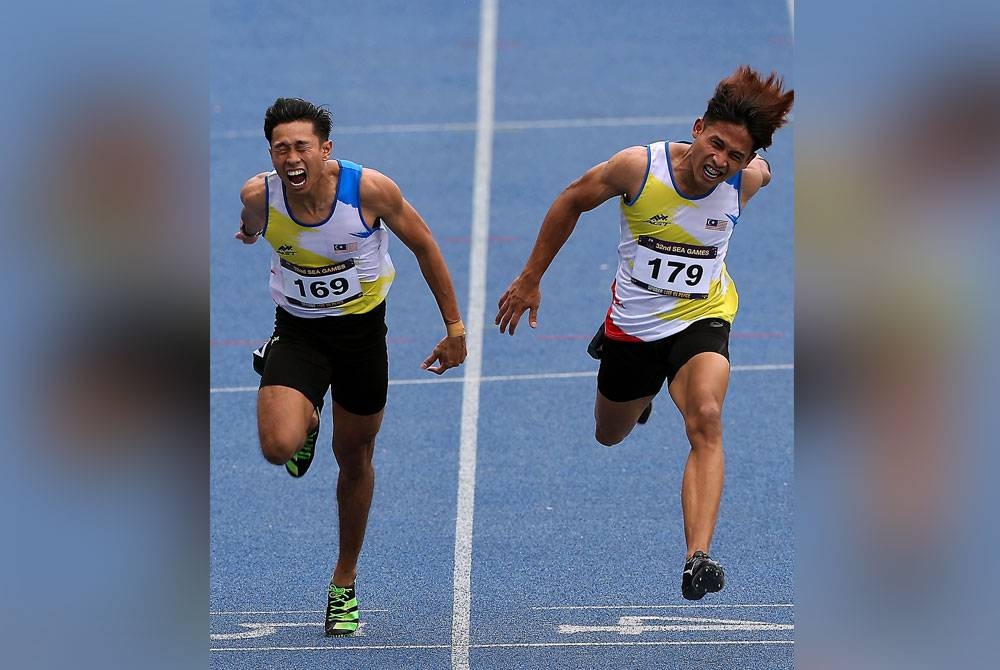 Pelari pecut negara Muhammad Haiqal Hanafi dan Khairul Hafiz ketika beraksi pada acara 100m lelaki Sukan SEA 2023 di Stadium Nasional Morodok Techo, Phnom Penh pada Mei lalu.