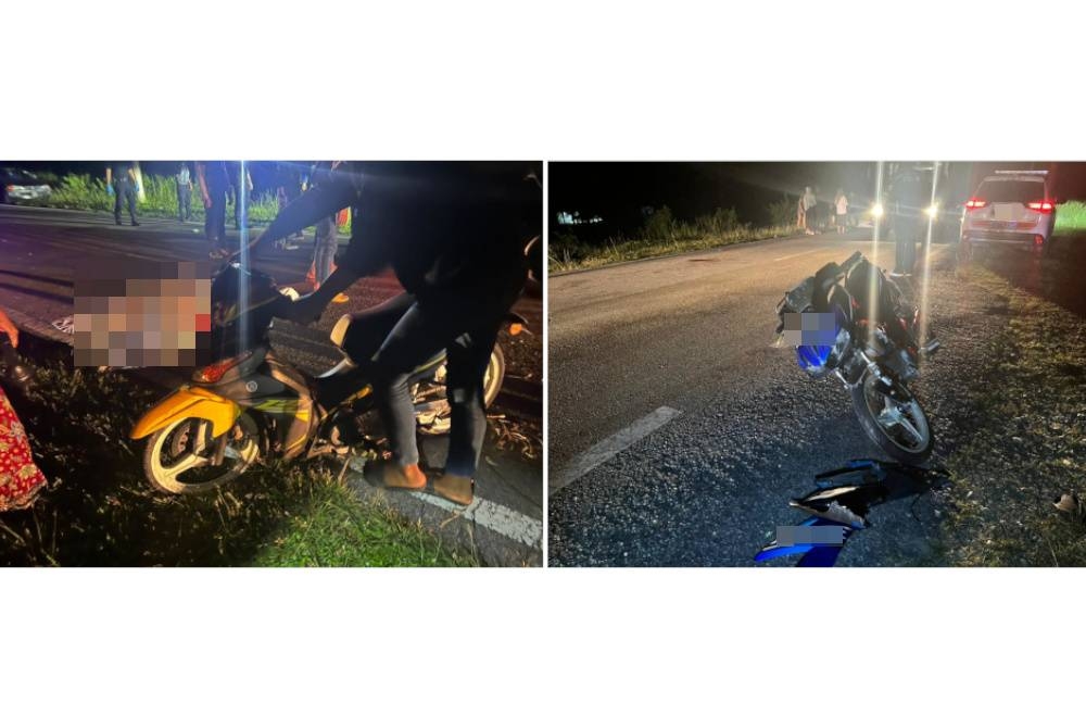 Motosikal yang ditunggang salah seorang mangsa rosak selepas terlanggar sekumpulan kerbau yang berkeliaran di atas jalan raya di Air Kuning, Tapah pada Ahad. - Foto Ihsan Polis