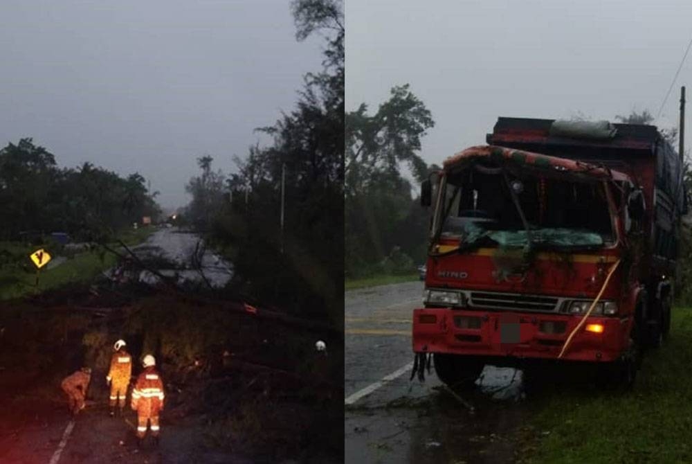 Sebatang pokok tumbang menghalang laluan dan keadaan lori yang dihempap dahan pokok di Jalan Pantai Morib menghala ke Tanjung Sepat, di sini, pada Rabu.