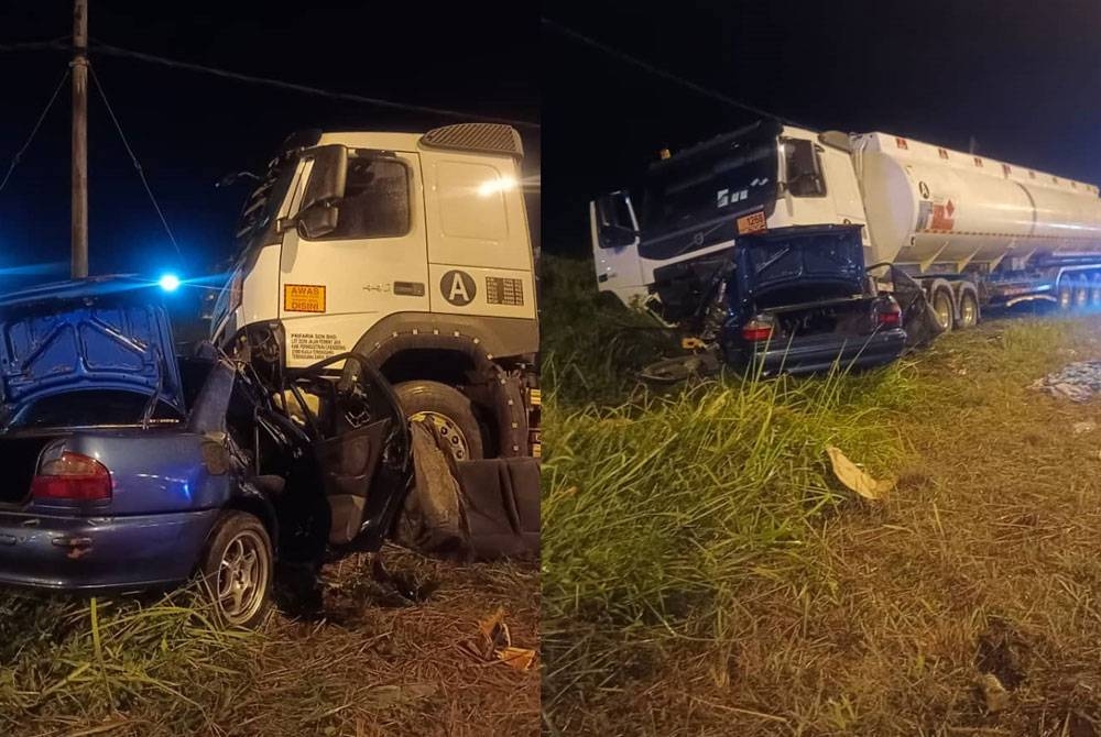 Keadaan kereta dinaiki mangsa dan lori tangki minyak selepas terbabit kemalangan di Jalan Kuantan-Segamat di sini pada tengah malam Selasa.