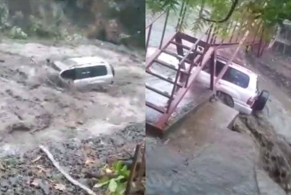 Tangkap layar video menunjukkan kejadian kereta dihanyutkan arus deras, polis bagaimanapun menafikan kejadian itu berlaku di Jalan Tapah - Cameron Highlands pada Rabu. - Foto ihsan pembaca