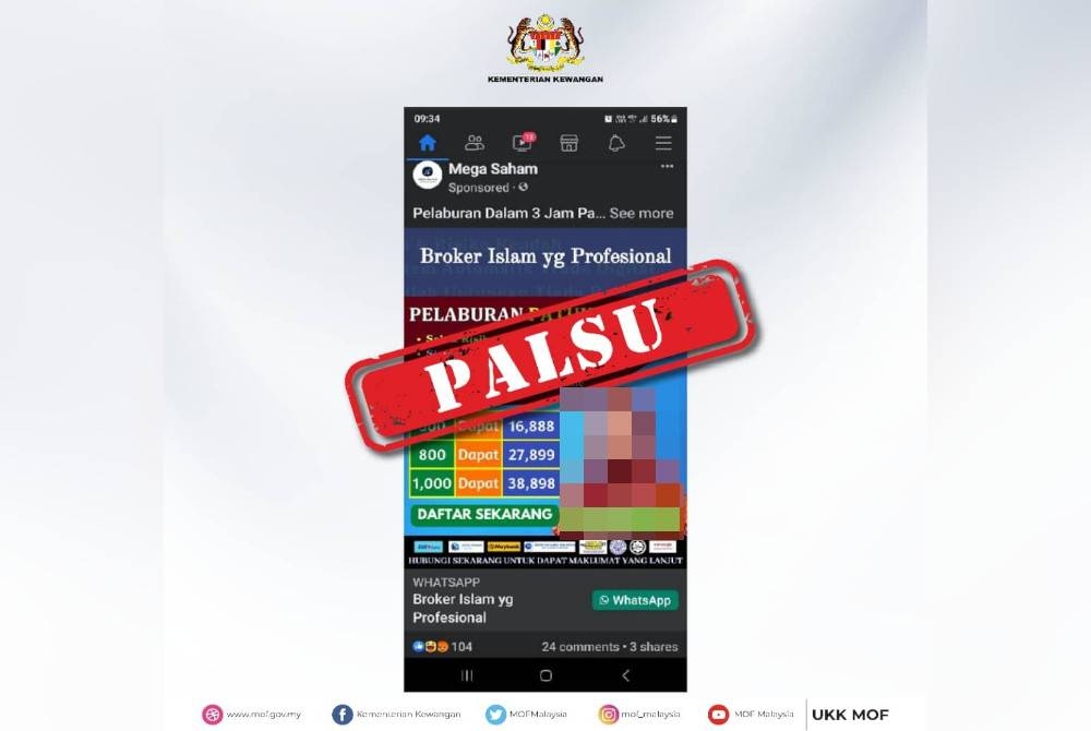 Tangkap layar iklan pelaburan palsu menerusi Facebook dimuat naik di akaun Twitter MOF pada Sabtu.